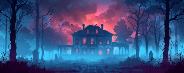 Fototapeta premium A haunted mansion engulfed in fog, with crumbling walls and shadowy corridors concealing the restless spirits that haunt its halls. illustration.