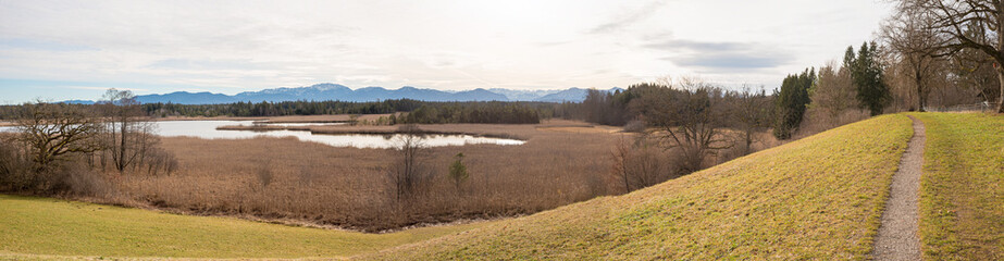 footpath Seeshaupt, panorama view to lake Gartensee, early springtime
