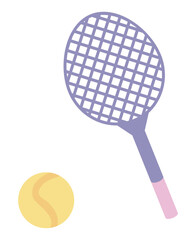 Tennis racquet with ball in flat design. Equipment for playing sport game. Vector illustration isolated.