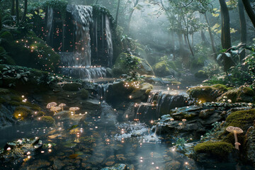 Fototapeta premium A magical forest waterfall cascading into a crystal-clear pool, with a hidden fairy grotto behind the veil of water and glowing mushrooms scattered along the mossy rocks