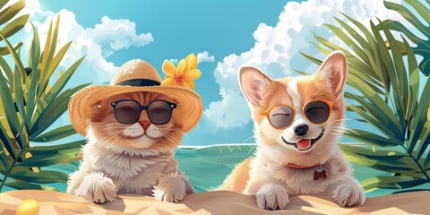 animal cat and dog summer holiday illustration