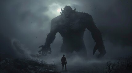 A man walks through a dark tunnel with a demonic looking monster on the wall