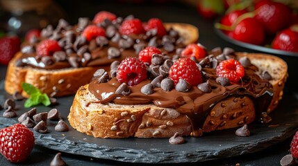 Elegant presentation of chocolate and berry sandwich toast on a stylish black plate - Powered by Adobe