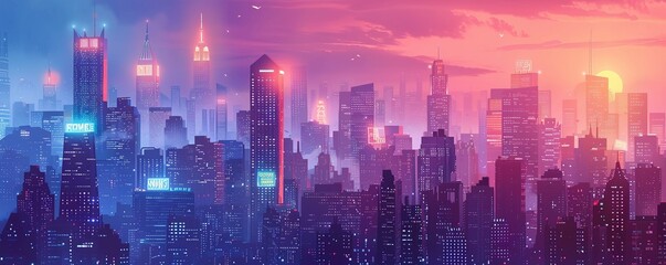 A dystopian cityscape dominated by towering skyscrapers and smog-choked air, where neon signs illuminate the crowded streets below.   illustration.