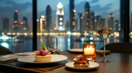 Naklejka premium Beautifully presented dessert in a restaurant, with the city skyline serving as a stunning backdrop