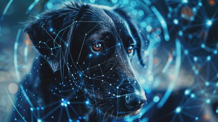 A lost pet with a biometrically generated image, emphasizing the use of technology in finding missing animals. Dog immersed in a vibrant digital interface