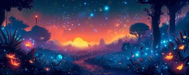 Fototapeta premium An alien world of bioluminescent wonders, where glowing flora and fauna illuminate the dark expanse of the alien landscape. illustration.