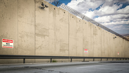 High security concrete wall with warning signs