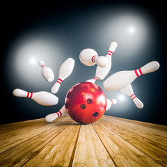 bowling pins and ball in mid-air