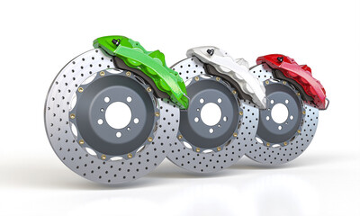 Car brake discs and calipers on white background