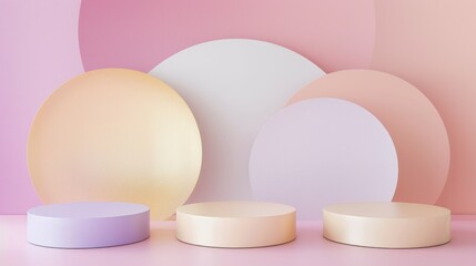 A pastel-colored abstract background with circular podiums. The image features soft pink, peach, and lavender hues, with three round platforms in the foreground