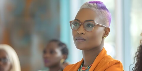 Fashionable CEO guiding brainstorming session to promote workplace innovation and creativity. Concept Fashion and Style, CEO Leadership, Workplace Innovation, Creative Brainstorming