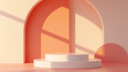 A minimalist interior scene with a circular podium and archway, featuring soft pastel colors and geometric shapes