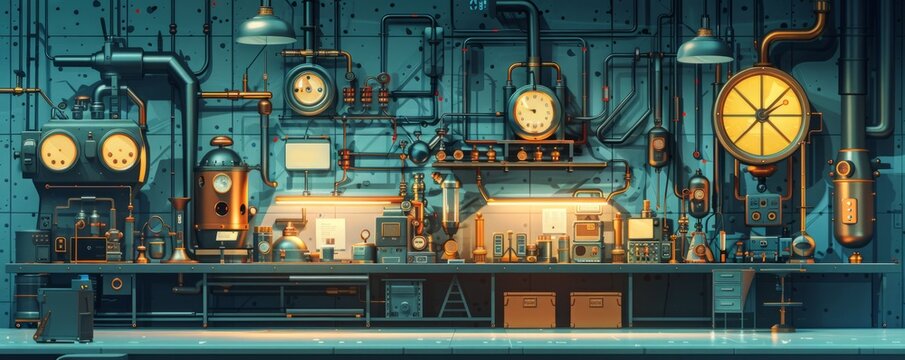 A steampunk laboratory filled with brass gadgets and whirring machinery, where mad scientists conduct experiments beyond the bounds of reason.   illustration.