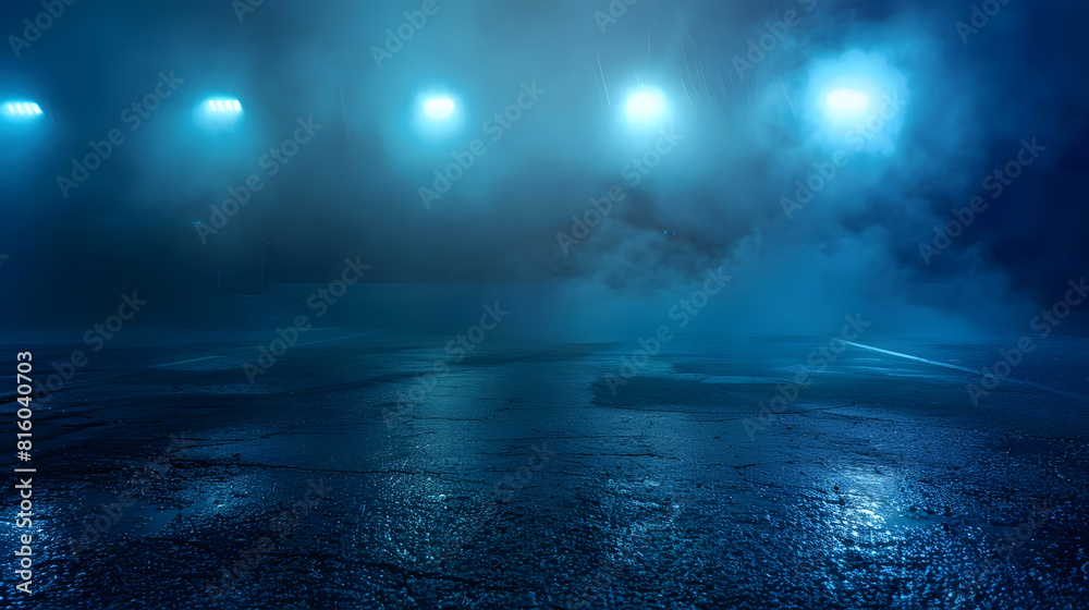 Aufkleber A dark empty street dark blue background an empty dark scene neon light spotlights The asphalt floor and studio room with smoke float up the interior texture night view : Generative AI