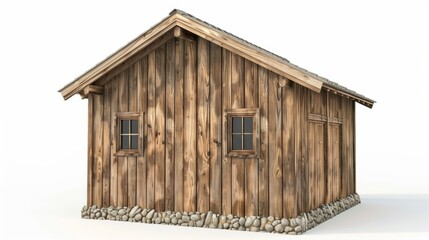 A rustic wooden cabin with a stone foundation, featuring small windows and a simple door, isolated on a white background