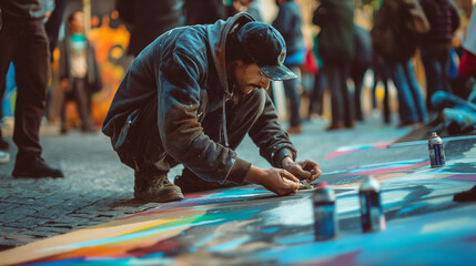 A painter creating a street art masterpiece live, with people gathered around, captivated by the...