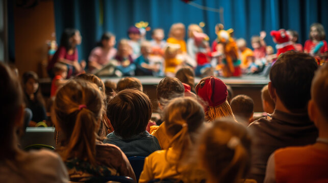 A puppet show delighting children and adults alike, with the animated puppets and engaged audience adding to the lively scene. Dynamic and dramatic composition, with copy space