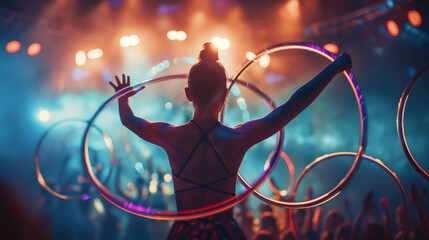 A hula-hoop performer spinning multiple hoops in a dazzling display of skill, surrounded by an applauding crowd. Dynamic and dramatic composition, with copy space