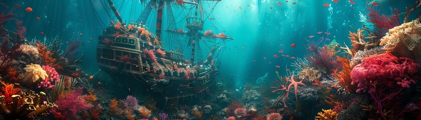 Underwater scene of a sunken pirate ship