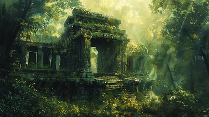 Fototapeta na wymiar Ancient temple ruins overgrown with lush greenery