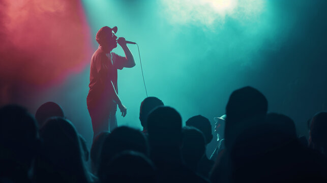 A beatboxer creating complex rhythms with their voice, the crowd's heads bobbing to the beat in appreciation. Dynamic and dramatic composition, with copy space