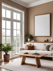 Mockup poster frame in living room interior background, interior mockup with house background, frame mockup