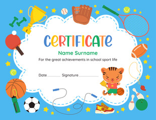 Fototapeta premium Cute sports achievement certificate of recognition. Fun design template with kawaii cartoon animal tiger. Flat vector sport icons. Perfect for celebrating young athlete success in elementary school.