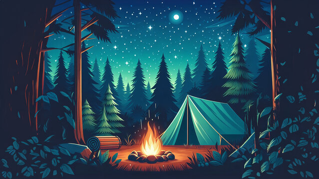 vector style illustration of camping tent and bonfire in the woods at night, lofi vibes