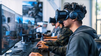 Several individuals are seen using virtual reality headsets while seated in front of a computer.