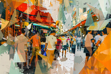Abstract interpretation of a bustling marketplace, with stalls and vendors represented as intersecting triangles in a vibrant, chaotic jumble.