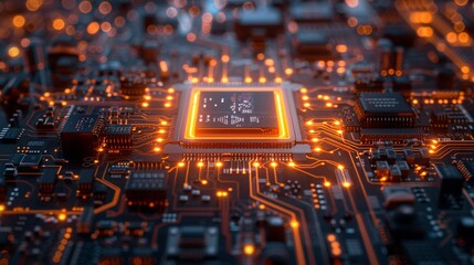 Obraz premium Abstract technology background of a quantum computing system with processor and electronic circuit 8K , high-resolution, ultra HD,up32K HD