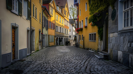 Obraz premium Austria Vorarlberg Bregenz Townhouses along empty cobblestone alley : Generative AI