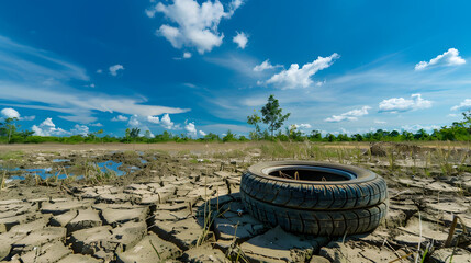 Naklejka premium Empty dry cracked swamp reclamation soil land plot for housing construction project with car tire print in rural area and beautiful blue sky with fresh air Land for sales landscape con : Generative AI