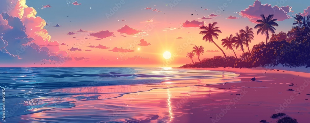 Wall mural An idyllic beach and ocean landscape on a tropical island with palm trees and coconut trees in the sunset light.  simple illustration