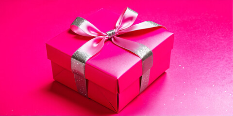 Fuscia Pink gift box with satin ribbon on pink background with silver glitter