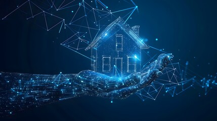 Naklejka premium A hand holding a house with a blue background