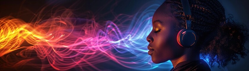 African woman enjoying music, vibrant colors, dynamic sound waves, abstract digital light effects, headphones on black background