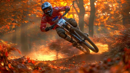 Adventurous mountain biker executing a thrilling jump amidst misty forest trails