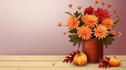 An autumnal bouquet of orange marigolds, burgundy dahlias, and goldenrod, placed in a vintage copper vase on a distressed wooden table, ideal for a fall festival poster