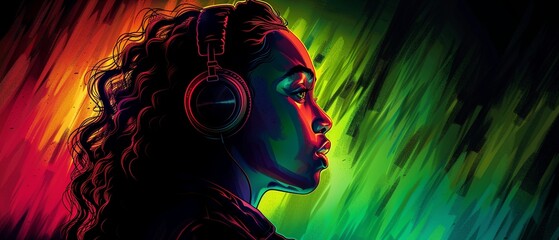 African woman enjoying music, vibrant colors, dynamic sound waves, abstract digital light effects, headphones on black background