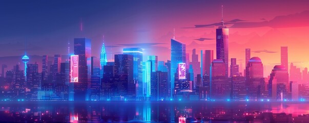 A retro-futuristic cityscape illuminated by the glow of neon lights and holographic displays, where towering skyscrapers reach for the stars.   illustration.