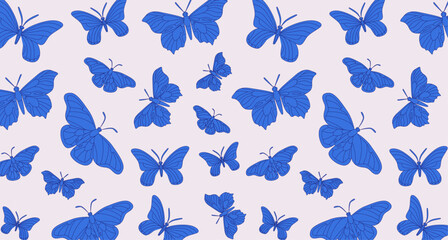 Blue butterfly pattern on white background. Seamless texture for design and print. Nature and wildlife concept. Design for wallpaper, textile, wrapping paper. 