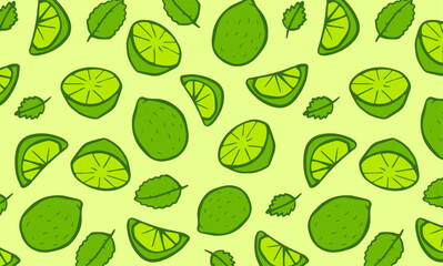 Lime slices and fruits seamless pattern. Citrus fruits on light green background. Healthy eating and tropical fruit concept. Design for poster, banner and fabric.