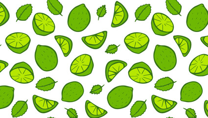Lime slices and fruits seamless pattern. Citrus fruits on white background. Healthy eating and tropical fruit concept. Design for poster, banner and menu. 