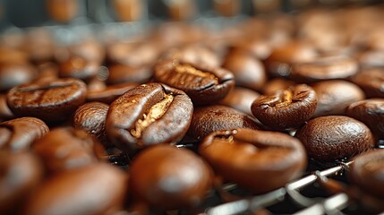 Macro shot of freshly roasted coffee beans, highlighting the textures and rich color palette, perfect for coffee enthusiasts..