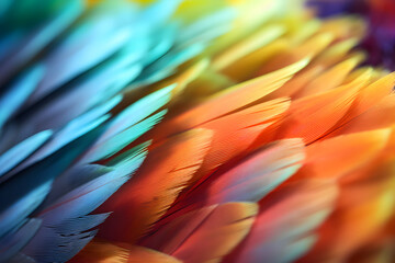 Colorful feathers background. Macro photo of soft parrot feathers in vivid rainbow colors. Abstract colorful composition with copy space. Bird wildlife pattern texture. Rainbow macaw feathers banner.