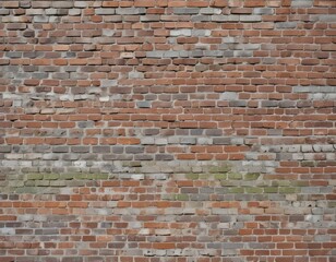 An old, weathered brick wall with a variety of gray, brown, and green tones