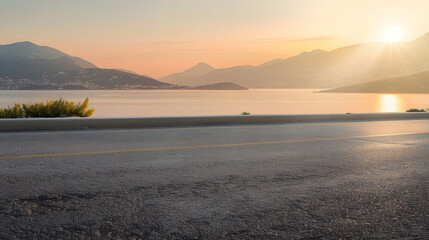 Empty asphalt road and sea with mountain scenery at sunset : Generative AI