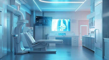 A conceptual representation of a medical examination room with sythwave lighting, where an Xray of the gastrointestinal system is being analyzed